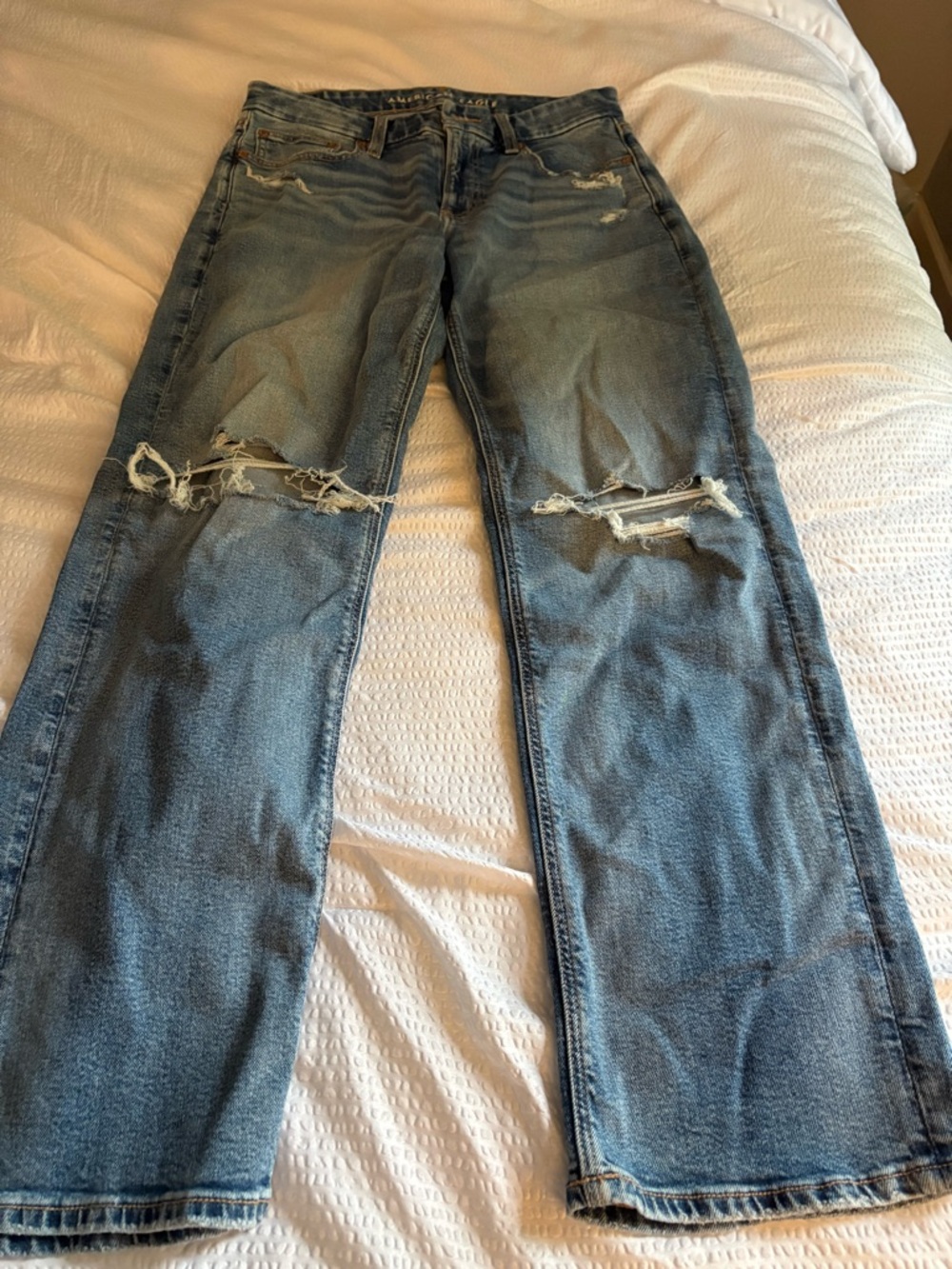 American Eagle Blue Distressed Straight-Leg Jeans